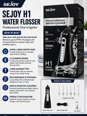 NEW SEJOY H1 Water Flosser Professional Oral Irrigator 350ML 6 Tips